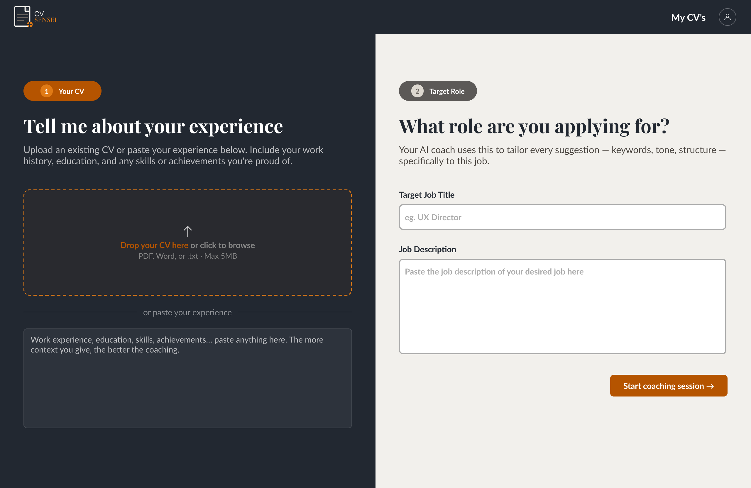 Screen 1 After — New CV Page redesign
