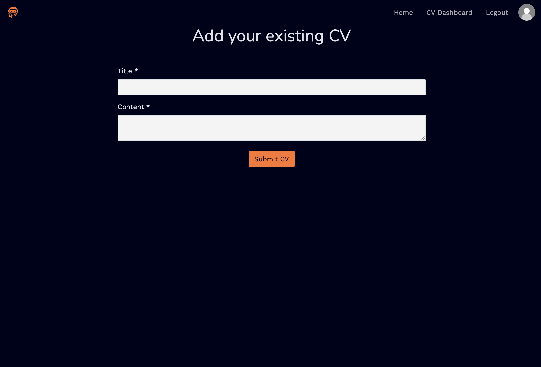 Screen 1 Before — New CV Page original design